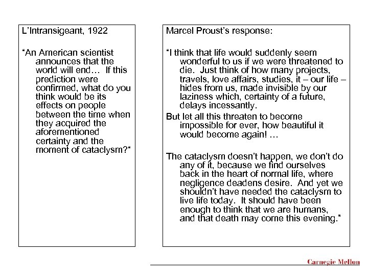 L’Intransigeant, 1922 Marcel Proust’s response: “An American scientist announces that the world will end…