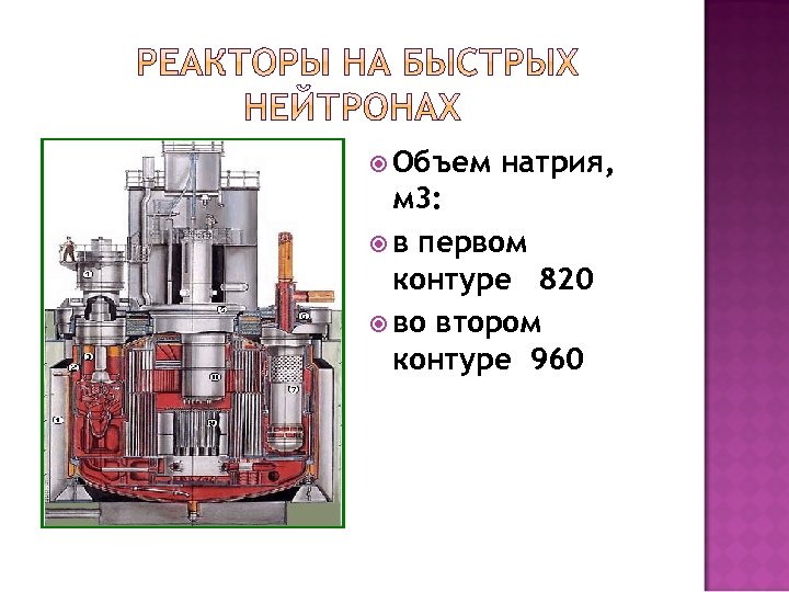  Объем натрия, м 3: в первом контуре 820 во втором контуре 960 