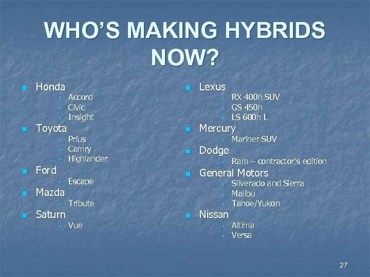 WHO’S MAKING HYBRIDS NOW? n Honda • • • n Toyota • • •