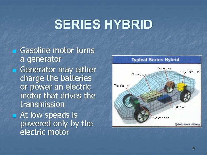 SERIES HYBRID n n n Gasoline motor turns a generator Generator may either charge