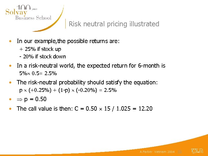 Risk neutral pricing illustrated • In our example, the possible returns are: + 25%