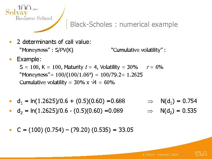 Black-Scholes : numerical example • 2 determinants of call value: “Moneyness” : S/PV(K) “Cumulative