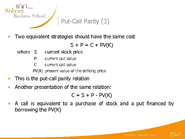 Put-Call Parity (3) • Two equivalent strategies should have the same cost S +