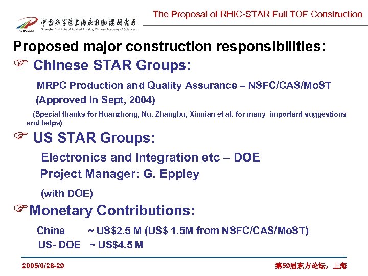 The Proposal of RHIC-STAR Full TOF Construction Proposed major construction responsibilities: F Chinese STAR