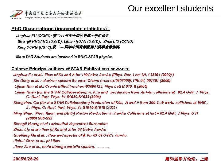 Our excellent students Ph. D Dissertations (incomplete statistics) : Jinghua FU (CCNU): 获二○○五年全国优秀博士学位论文 Shengli