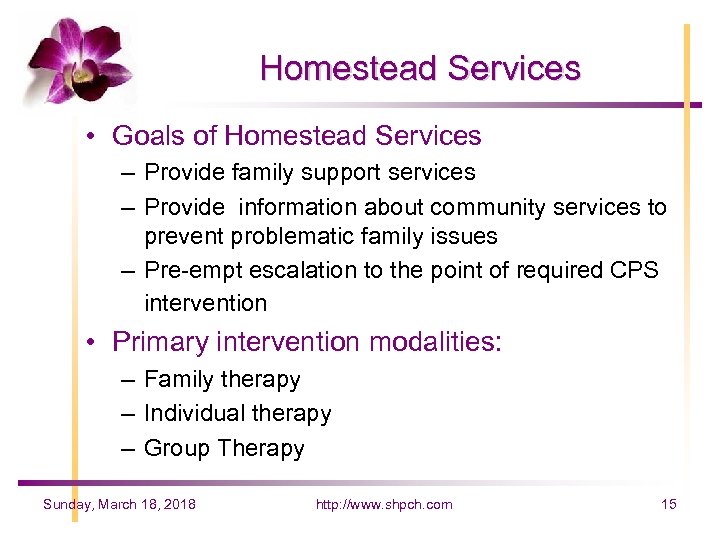 Homestead Services • Goals of Homestead Services – Provide family support services – Provide