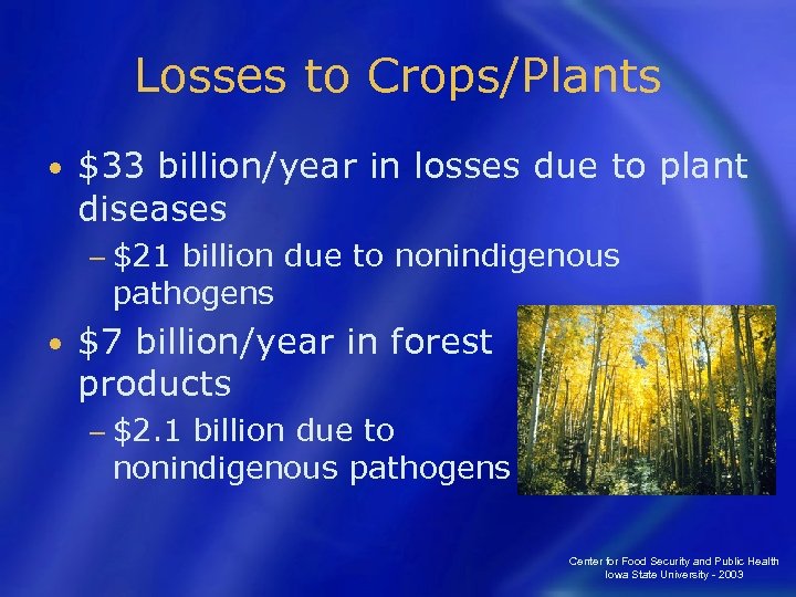 Losses to Crops/Plants • $33 billion/year in losses due to plant diseases − $21
