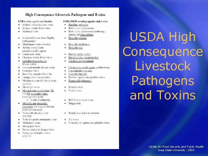 USDA High Consequence Livestock Pathogens and Toxins Center for Food Security and Public Health