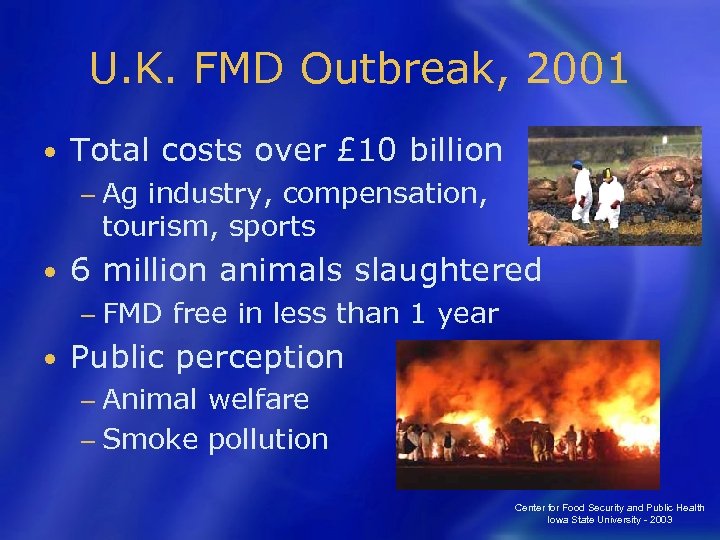 U. K. FMD Outbreak, 2001 • Total costs over £ 10 billion − Ag