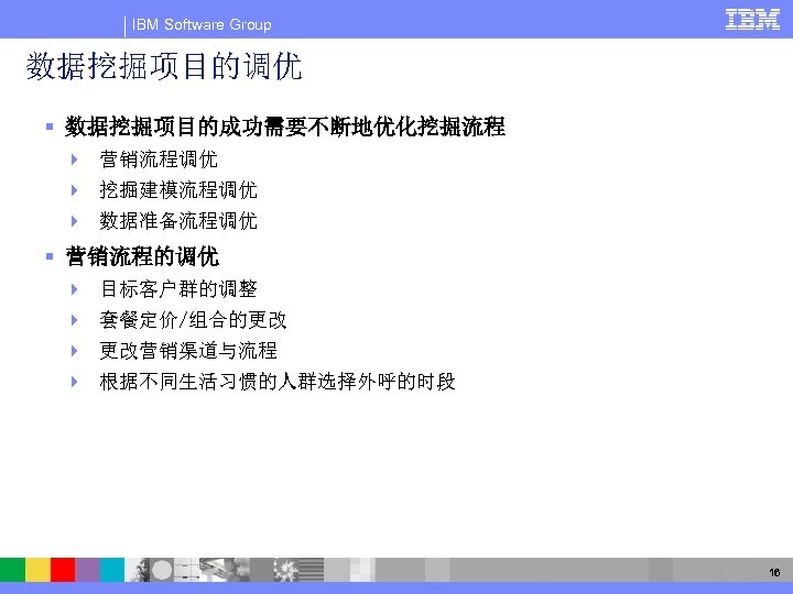 IBM Software Group 数据挖掘项目的调优 § 数据挖掘项目的成功需要不断地优化挖掘流程 4 营销流程调优 4 挖掘建模流程调优 4 数据准备流程调优 § 营销流程的调优