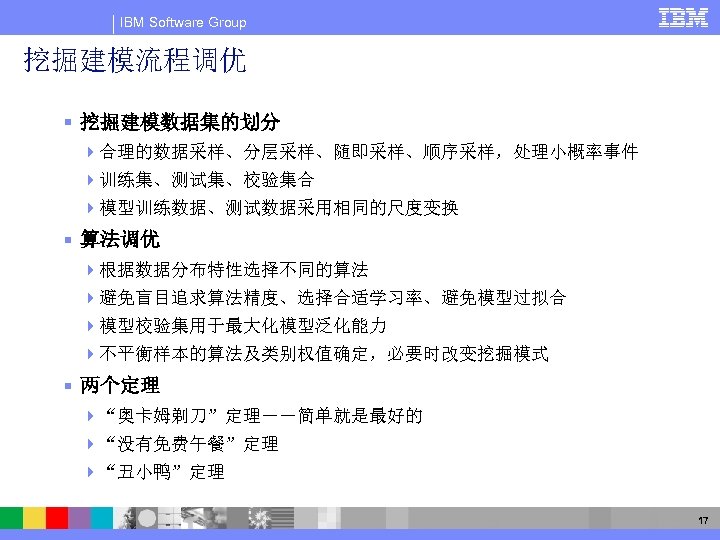 IBM Software Group 挖掘建模流程调优 § 挖掘建模数据集的划分 4合理的数据采样、分层采样、随即采样、顺序采样，处理小概率事件 4训练集、测试集、校验集合 4模型训练数据、测试数据采用相同的尺度变换 § 算法调优 4根据数据分布特性选择不同的算法 4避免盲目追求算法精度、选择合适学习率、避免模型过拟合 4模型校验集用于最大化模型泛化能力