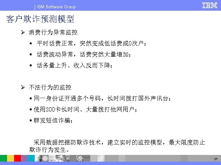 IBM Software Group 客户欺诈预测模型 Ø 消费行为异常监控 § 平时话费正常，突然变成低话费或 0次户； § 话费波动异常，话费突然大量增加； § 话务量上升、收入反而下降； Ø