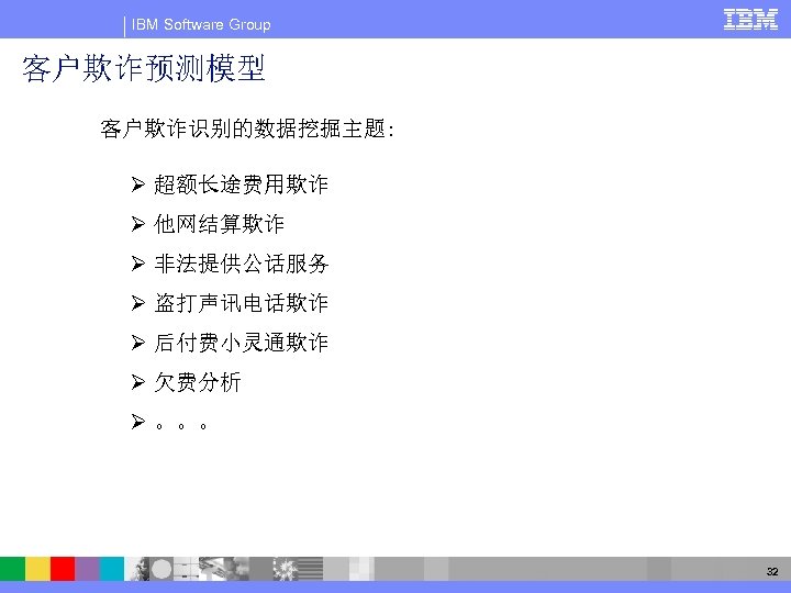 IBM Software Group 客户欺诈预测模型 客户欺诈识别的数据挖掘主题: Ø 超额长途费用欺诈 Ø 他网结算欺诈 Ø 非法提供公话服务 Ø 盗打声讯电话欺诈 Ø