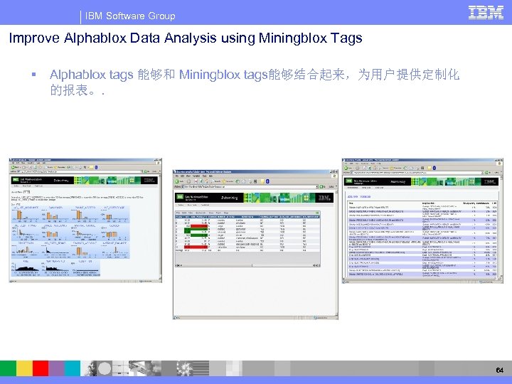 IBM Software Group Improve Alphablox Data Analysis using Miningblox Tags § Alphablox tags 能够和