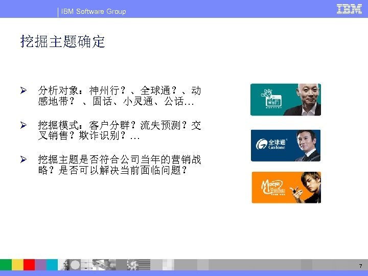 IBM Software Group 挖掘主题确定 Ø 分析对象：神州行？、全球通？、动 感地带？ 、固话、小灵通、公话… Ø 挖掘模式：客户分群？流失预测？交 叉销售？欺诈识别？… Ø 挖掘主题是否符合公司当年的营销战 略？是否可以解决当前面临问题？
