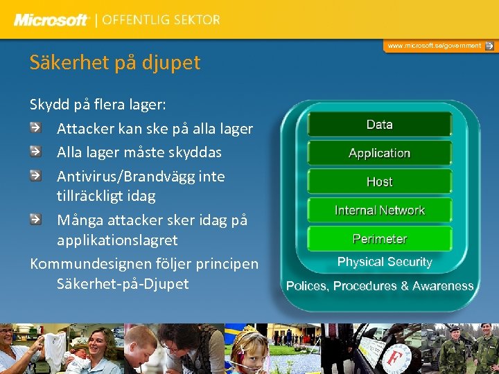 Säkerhet på djupet Skydd på flera lager: Attacker kan ske på alla lager Alla