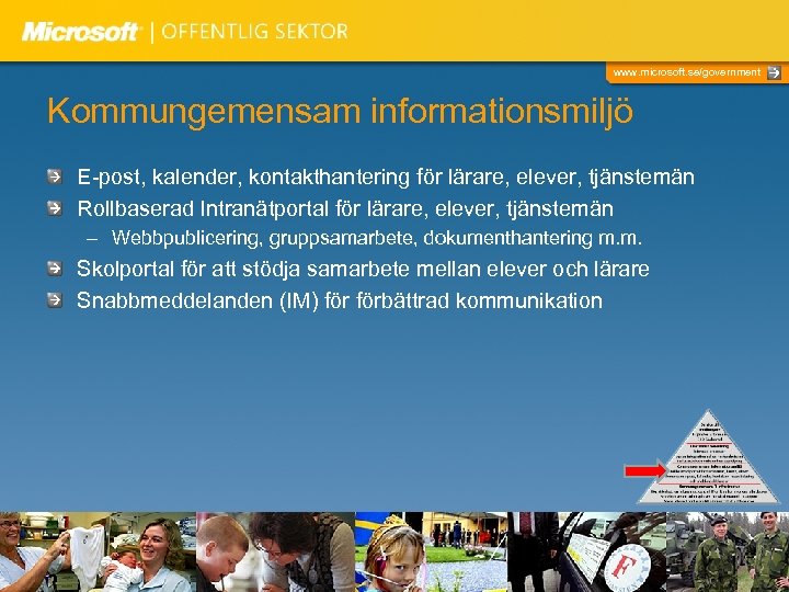 www. microsoft. se/government Kommungemensam informationsmiljö E-post, kalender, kontakthantering för lärare, elever, tjänstemän Rollbaserad Intranätportal