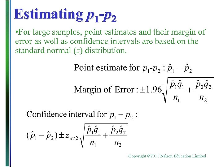 Estimating p 1 -p 2 • For large samples, point estimates and their margin