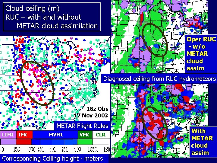 Cloud ceiling (m) RUC – with and without METAR cloud assimilation Oper RUC -