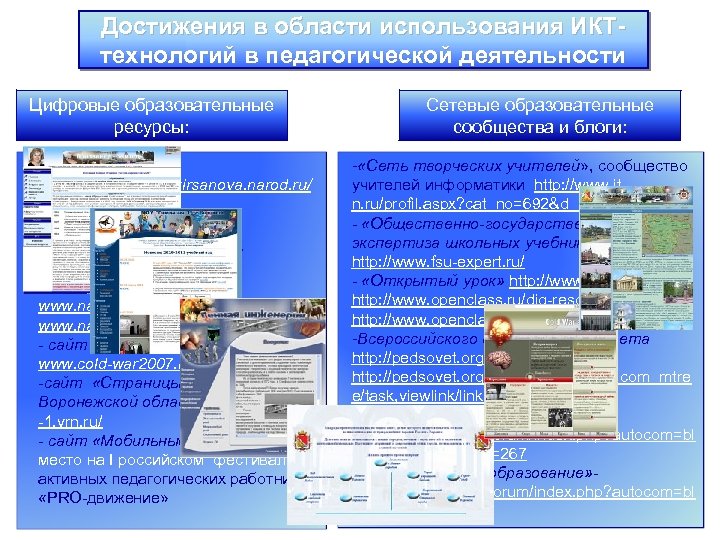 Достижения в области использования ИКТтехнологий в педагогической деятельности Цифровые образовательные ресурсы: -мой личный сайт