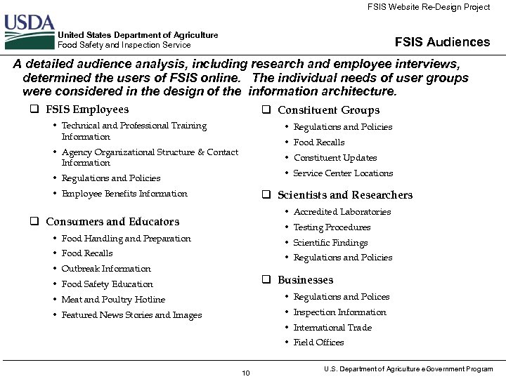 FSIS Website Re-Design Project United States Department of Agriculture Food Safety and Inspection Service