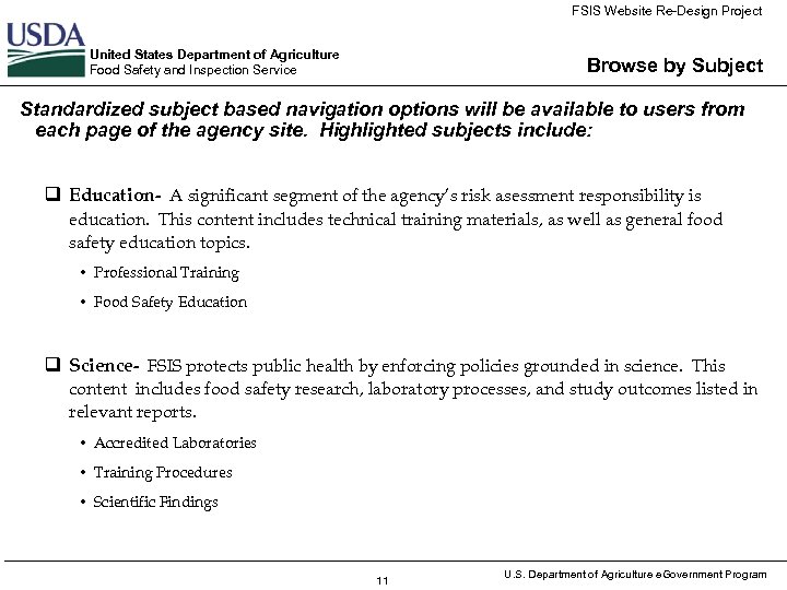 FSIS Website Re-Design Project United States Department of Agriculture Food Safety and Inspection Service