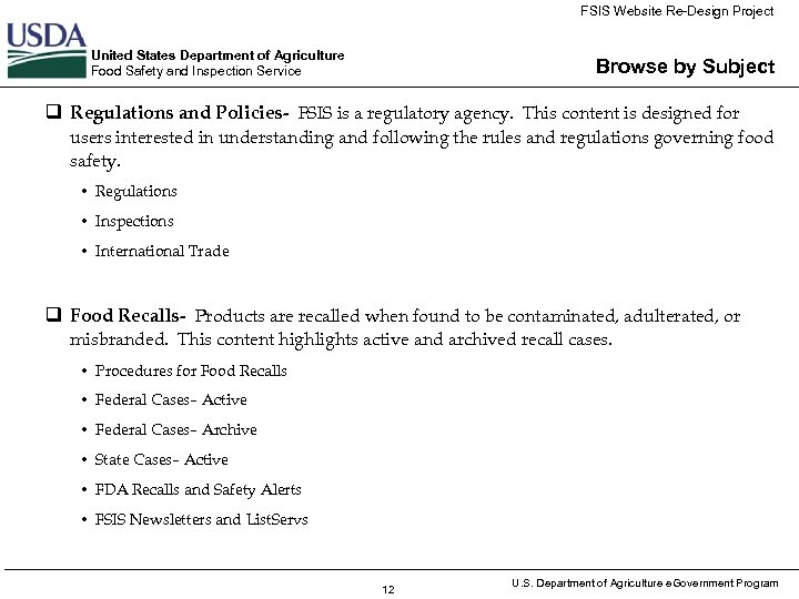 FSIS Website Re-Design Project United States Department of Agriculture Food Safety and Inspection Service