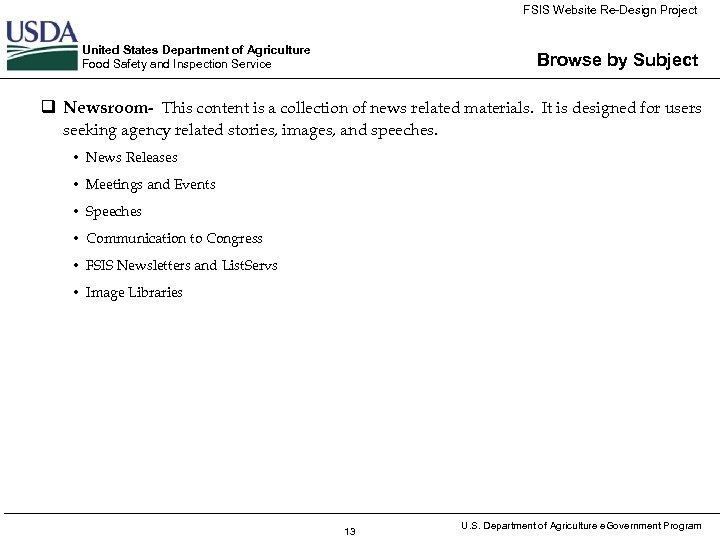 FSIS Website Re-Design Project United States Department of Agriculture Food Safety and Inspection Service