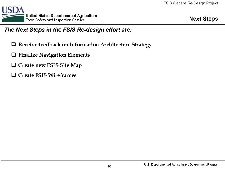 FSIS Website Re-Design Project United States Department of Agriculture Food Safety and Inspection Service