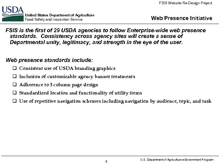 FSIS Website Re-Design Project United States Department of Agriculture Food Safety and Inspection Service
