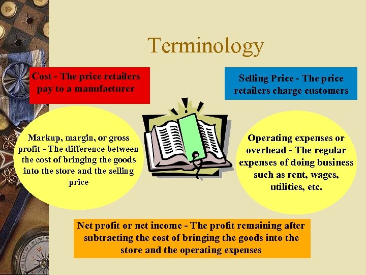 Terminology Cost - The price retailers pay to a manufacturer Markup, margin, or gross