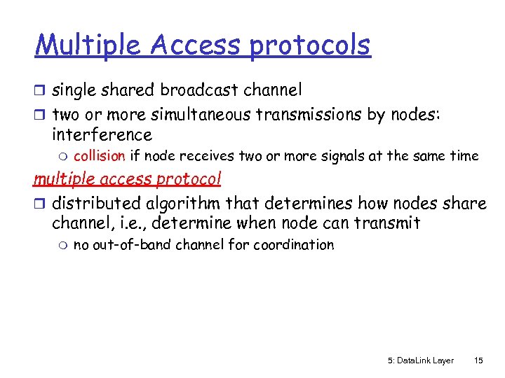 Multiple Access protocols r single shared broadcast channel r two or more simultaneous transmissions