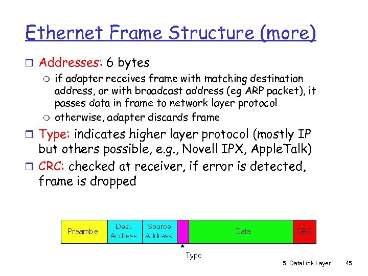 Ethernet Frame Structure (more) r Addresses: 6 bytes m if adapter receives frame with