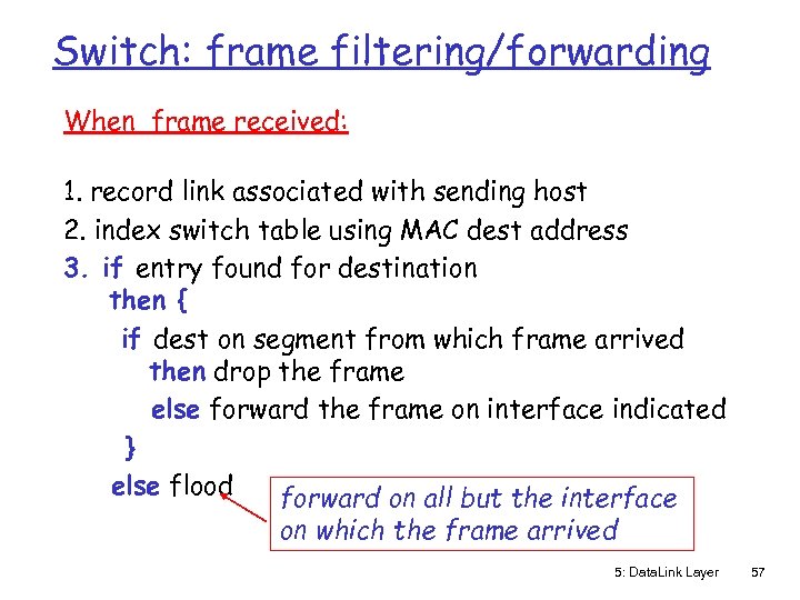 Switch: frame filtering/forwarding When frame received: 1. record link associated with sending host 2.