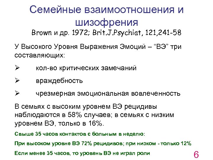 Семейные взаимоотношения и шизофрения Brown и др. 1972; Brit. J. Psychiat, 121, 241 -58