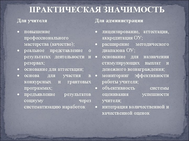 ПРАКТИЧЕСКАЯ ЗНАЧИМОСТЬ Для учителя Для администрации повышение профессионального мастерства (качество); реальное представление о результатах