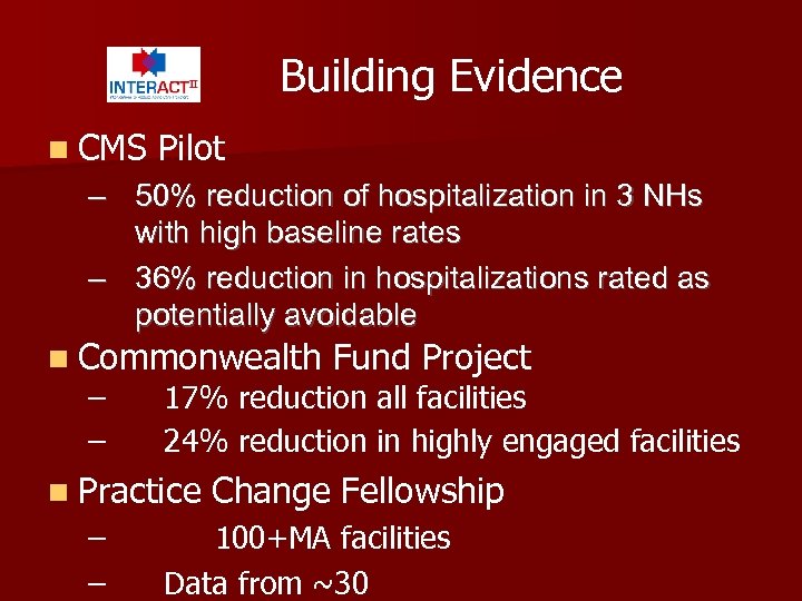 Building Evidence n CMS Pilot – 50% reduction of hospitalization in 3 NHs with