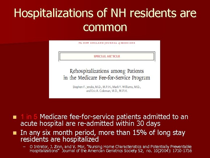 Hospitalizations of NH residents are common 1 in 5 Medicare fee-for-service patients admitted to