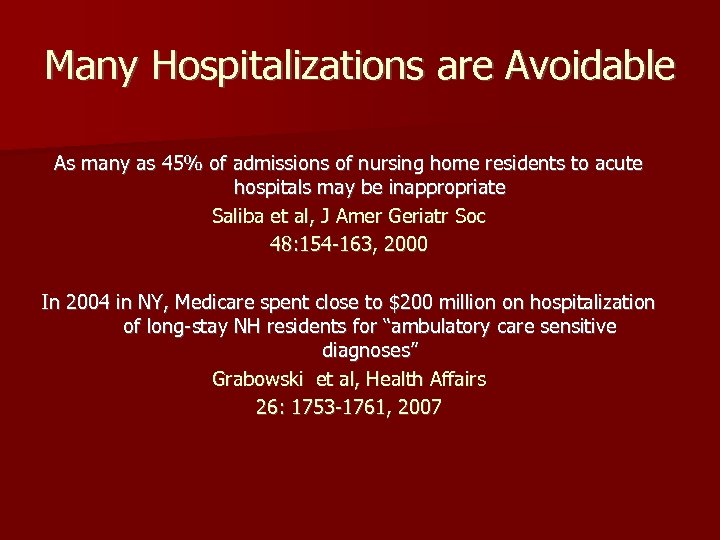 Many Hospitalizations are Avoidable As many as 45% of admissions of nursing home residents