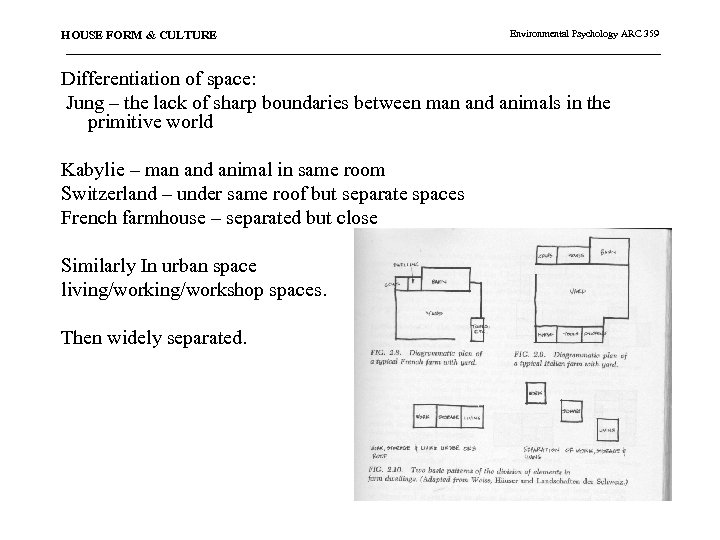 HOUSE FORM & CULTURE Environmental Psychology ARC 359 Differentiation of space: Jung – the