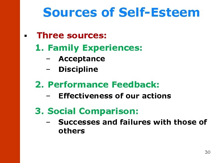 Sources of Self-Esteem § Three sources: 1. Family Experiences: – – Acceptance Discipline 2.