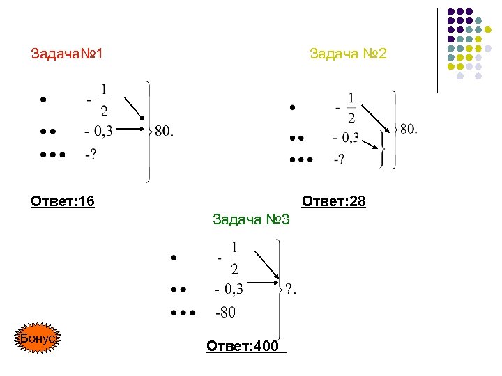 Задача№ 1 Задача № 2 Ответ: 16 Ответ: 28 Задача № 3 Бонус Ответ: