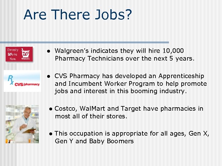 Are There Jobs? ● Walgreen’s indicates they will hire 10, 000 Pharmacy Technicians over