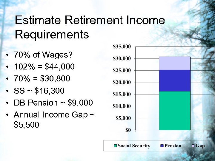 Estimate Retirement Income Requirements • • • 70% of Wages? 102% = $44, 000