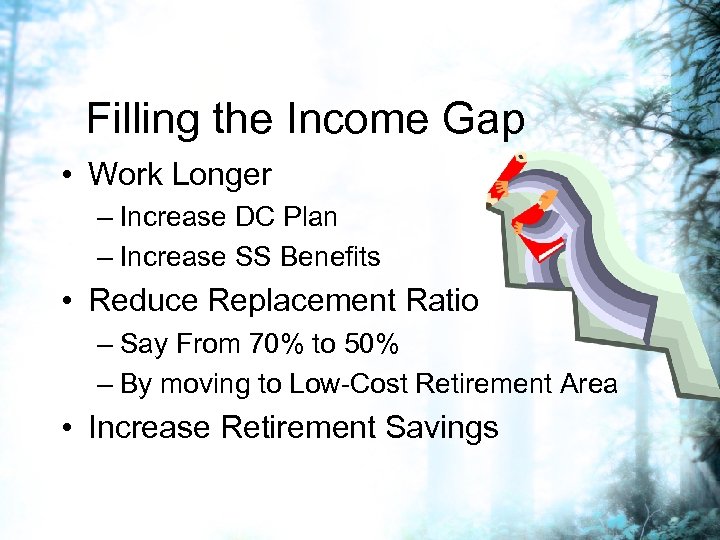 Filling the Income Gap • Work Longer – Increase DC Plan – Increase SS