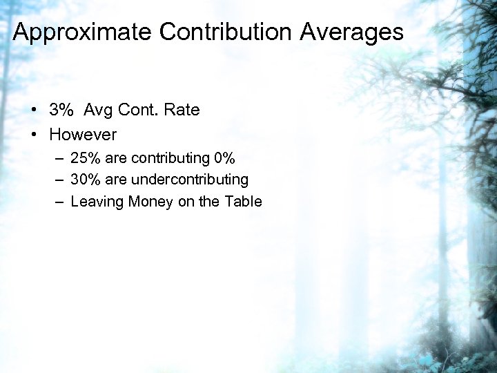 Approximate Contribution Averages • 3% Avg Cont. Rate • However – 25% are contributing