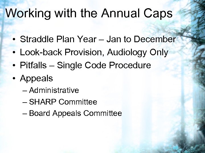 Working with the Annual Caps • • Straddle Plan Year – Jan to December