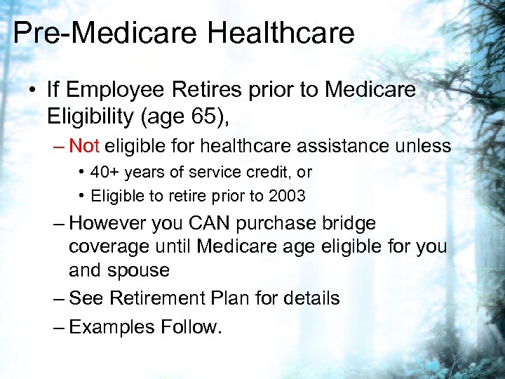 Pre-Medicare Healthcare • If Employee Retires prior to Medicare Eligibility (age 65), – Not