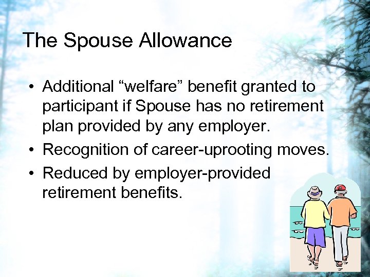 The Spouse Allowance • Additional “welfare” benefit granted to participant if Spouse has no