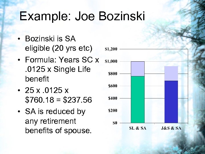 Example: Joe Bozinski • Bozinski is SA eligible (20 yrs etc) • Formula: Years